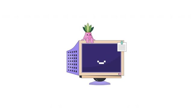Adorable retro computer with pixel heart eyes and succulent 2D cartoon animation. Cute everyday workspace. CRT desktop monitor animated flat colorful element 4K video on transparent background