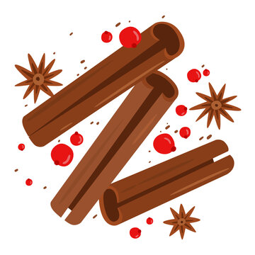 Cinnamon sticks with star anise and red berries arranged as a festive spice composition. Flat cartoon style, ideal for Christmas, winter, cooking and seasonal designs.