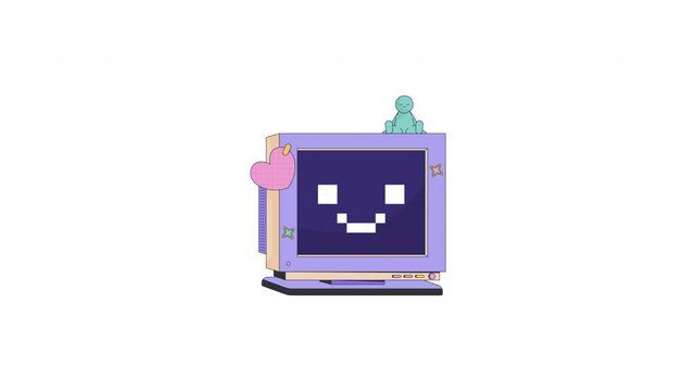 Happy retro computer winking with pixel smile and calm figurine 2D cartoon animation. Flirty vintage monitor with heart sticker animated flat colorful element 4K video on transparent background