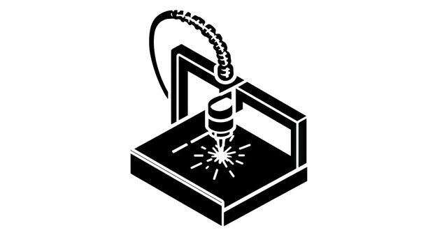 Isometric laser cutting machine icon with sparks on dark base
