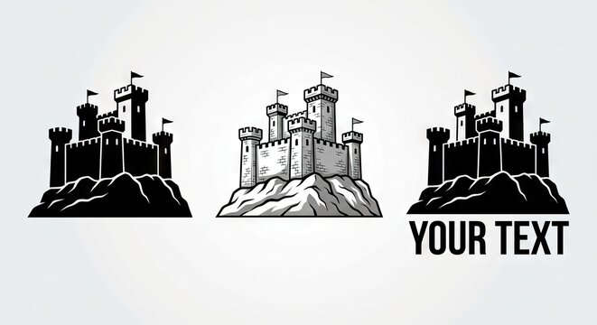Three castle silhouettes on hills with sample text
