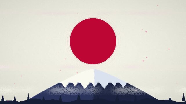 Pixel art Japanese Mount Fuji landscape animation with giant red sun and falling cherry blossom petals