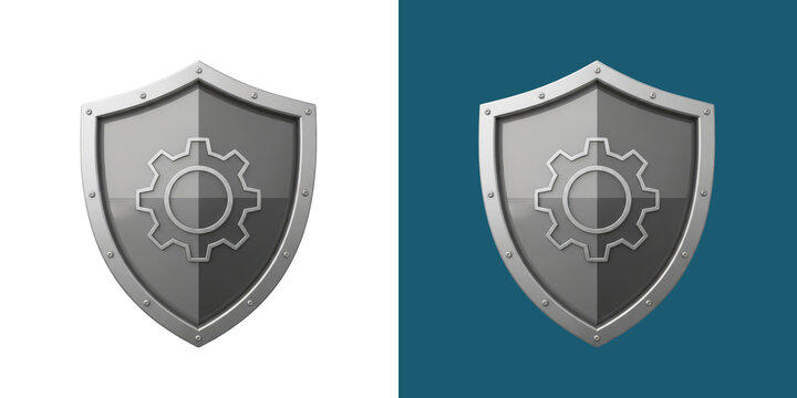 Shiny metal shield with a gear icon symbol 3D graphic design