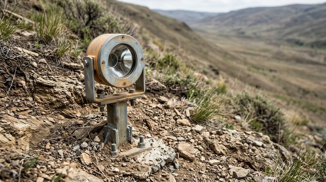 Geodetic survey target and monitoring instrument installed on rugged terrain slope