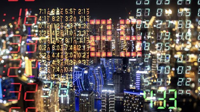 dubai cyberpunk city with overlayed code and data on the buildings