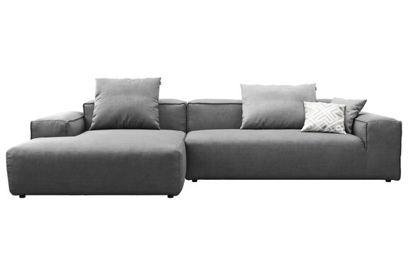 Dark gray modular sectional sofa with a left-side chaise lounge, deep seat cushions, wide square armrests and contrasting gray and geometric accent pillows, 3D render isolated on a transparent backgro