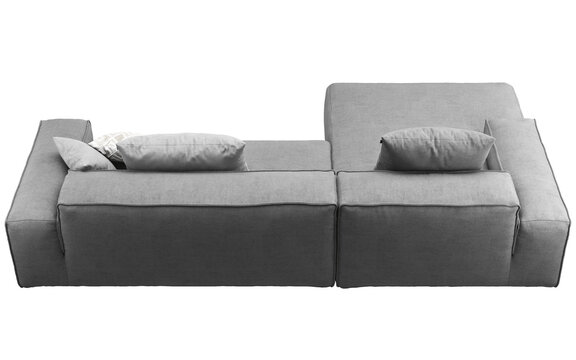 Dark gray modular sectional sofa with a left-side chaise lounge, deep seat cushions, wide square armrests and contrasting gray and geometric accent pillows, 3D render isolated on a transparent backgro