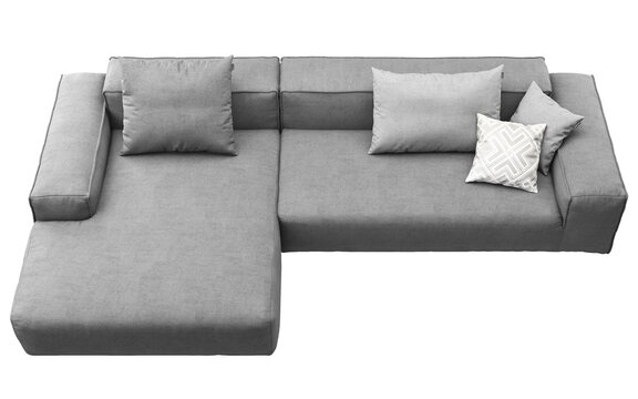 Dark gray modular sectional sofa with a left-side chaise lounge, deep seat cushions, wide square armrests and contrasting gray and geometric accent pillows, 3D render isolated on a transparent backgro