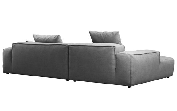 Dark gray modular sectional sofa with a left-side chaise lounge, deep seat cushions, wide square armrests and contrasting gray and geometric accent pillows, 3D render isolated on a transparent backgro