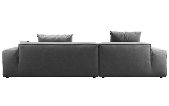 Dark gray modular sectional sofa with a left-side chaise lounge, deep seat cushions, wide square armrests and contrasting gray and geometric accent pillows, 3D render isolated on a transparent backgro