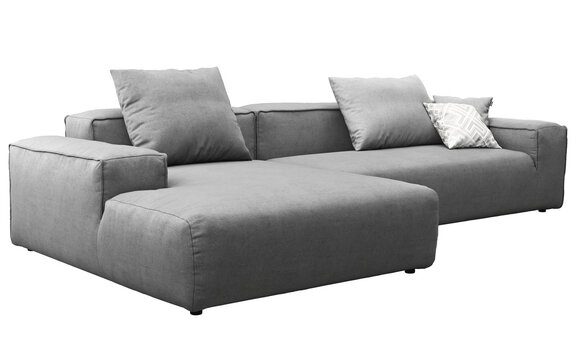 Dark gray modular sectional sofa with a left-side chaise lounge, deep seat cushions, wide square armrests and contrasting gray and geometric accent pillows, 3D render isolated on a transparent backgro