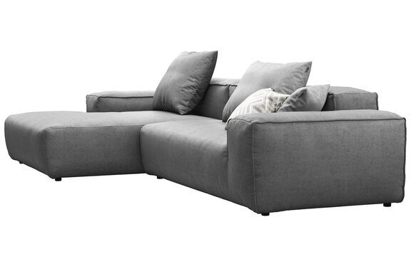 Dark gray modular sectional sofa with a left-side chaise lounge, deep seat cushions, wide square armrests and contrasting gray and geometric accent pillows, 3D render isolated on a transparent backgro