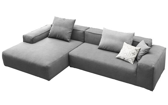 Dark gray modular sectional sofa with a left-side chaise lounge, deep seat cushions, wide square armrests and contrasting gray and geometric accent pillows, 3D render isolated on a transparent backgro
