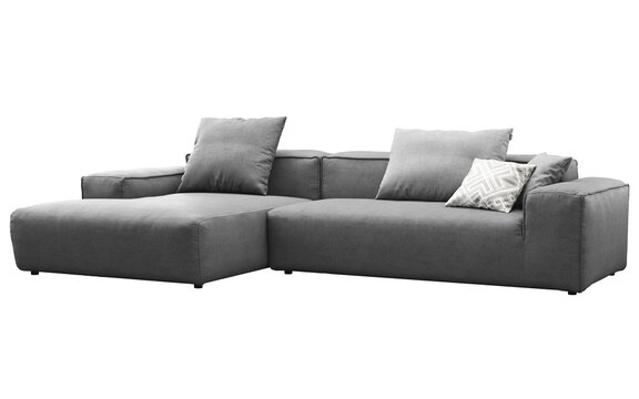Dark gray modular sectional sofa with a left-side chaise lounge, deep seat cushions, wide square armrests and contrasting gray and geometric accent pillows, 3D render isolated on a transparent backgro