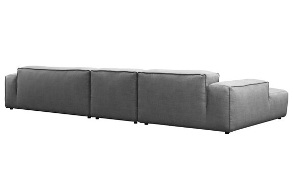 Dark gray modular sectional sofa with a left-side chaise lounge, deep seat cushions, wide square armrests and contrasting gray and geometric accent pillows, 3D render isolated on a transparent backgro