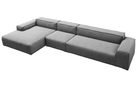 Dark gray modular sectional sofa with a left-side chaise lounge, deep seat cushions, wide square armrests and contrasting gray and geometric accent pillows, 3D render isolated on a transparent backgro
