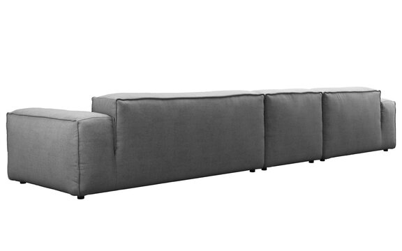 Dark gray modular sectional sofa with a left-side chaise lounge, deep seat cushions, wide square armrests and contrasting gray and geometric accent pillows, 3D render isolated on a transparent backgro