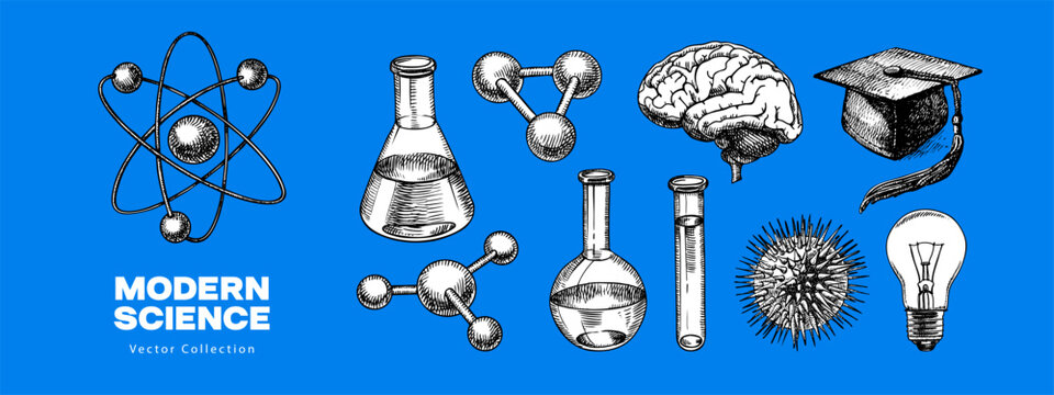 Trendy sketch collage set with scientific elements. Science, education, technology, laboratory, medicine concept. Modern line art hand drawn vector illustration