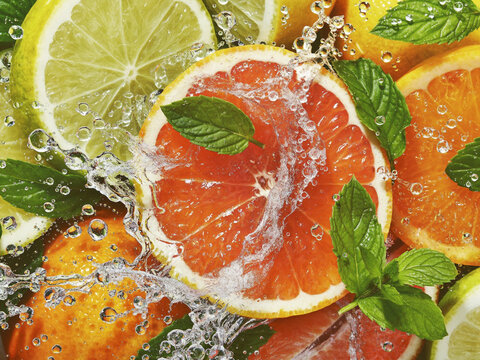 Fresh citrus fruit slices with grapefruit, lime and orange and mint leaves with water splash, top view close up