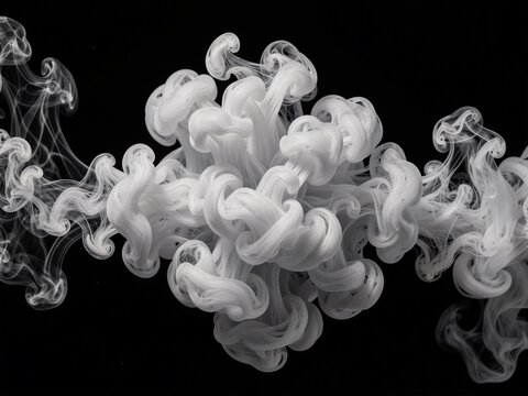 Abstract white smoke or ink swirls on a black background