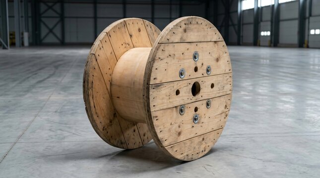 Large wooden cable reel in an empty industrial warehouse