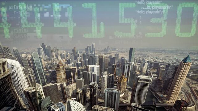 dubai cyberpunk city with overlayed code and data on the buildings