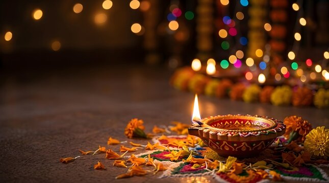 Beautiful Diwali Diya Lamp with Colorful Rangoli, Marigold Petals and Glowing Festive Lights Background
