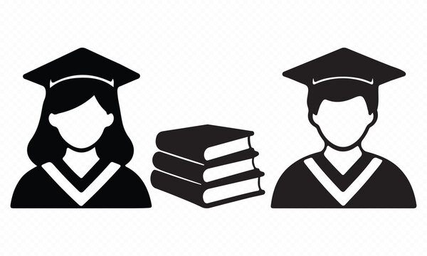 Graduation silhouettes depicting a female stacked books and a male figure in academic attire achievement ceremony