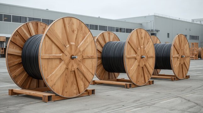 Large Wooden Electrical Cable Reels in Industrial Storage Yard
