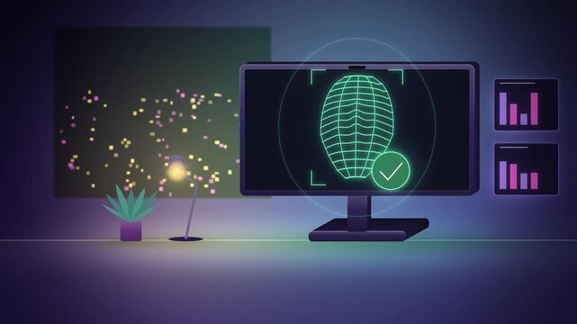 Desktop monitor facial recognition scan room scene assembling