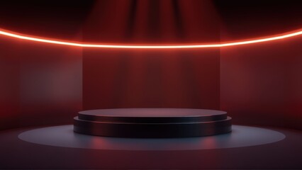 Obraz na płótnie Canvas Dark studio backdrop features cylindrical pedestal illuminated by vibrant red neon light. Dramatic shadows enhance presentation space.