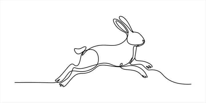 Continuous single line drawing of a cute jumping rabbit isolated on a simple background