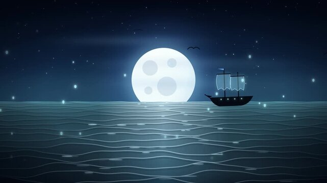 Seamless loop animation of a ghost ship sailing on a calm ocean under a huge full moon at night. Mystical sailing vessel on calm sea waves with glowing full moon and fireflies motion background