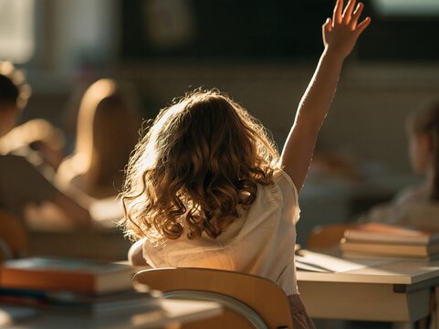 Back view of a young girl raising her hand in a sunny classroom, books on desks, eager learning moment