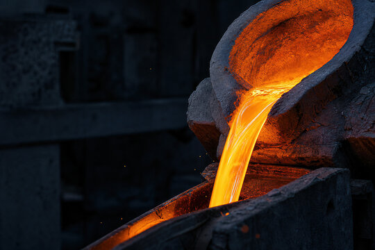 Molten metal pouring from industrial ladle into casting mold. Steel foundry production process representing heavy industry, metallurgy, manufacturing, heat and engineering with copy space.