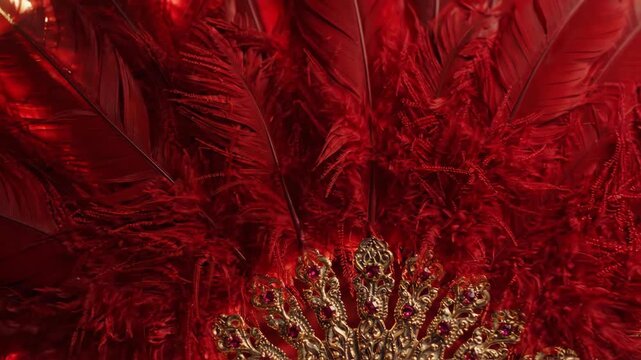 Opulent red feather fan with sparkling gold and ruby accents.
