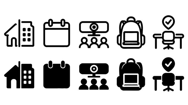Hybrid Work paired outline and solid icon set featuring hybrid, work, home, calendar, meeting, backpack, desk, remote, business and office symbols