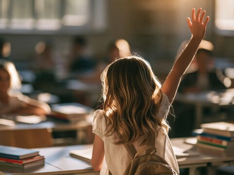 Back view of a young girl raising her hand in a sunny classroom, books on desks, eager learning moment
