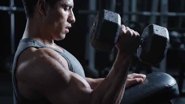 Sweaty, determined young man intensely lifting a dumbbell during a gym workout.