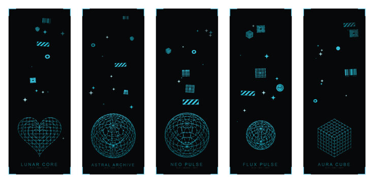 Set of five retro futuristic vector posters featuring cyan wireframe graphics, geometric shapes, smiley spheres, a heart, and technical typography on a black background