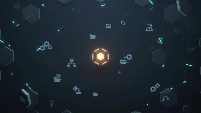 Abstract digital technology background with futuristic glowing core and floating hexagonal icons