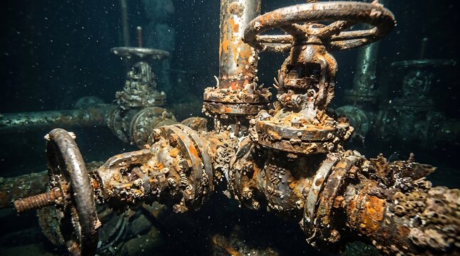 Rusty underwater industrial valves and pipes, corroded metal machinery on a shipwreck, abandoned deep sea plumbing with barnacles and decay