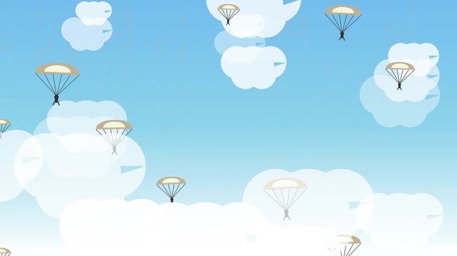 Parachutes floating in a bright blue sky with fluffy white clouds vector background concept