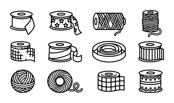 Line icons set of ribbons, threads and yarn for crafts, sewing and packaging