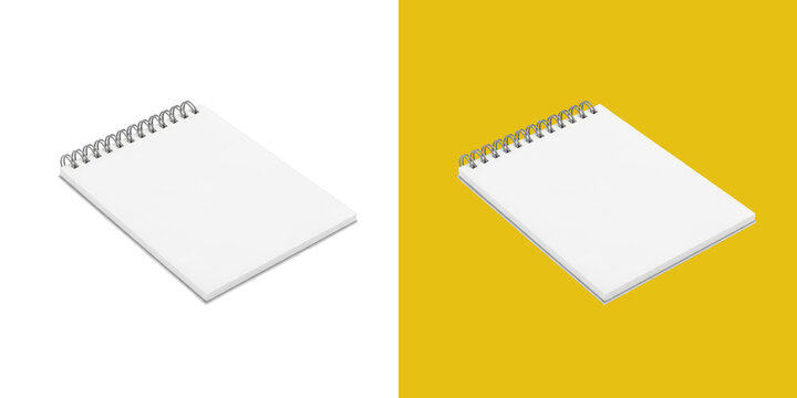 Blank white spiral notepad notebook mockup in isometric view with simple design