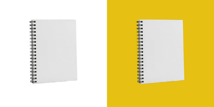 Blank white spiral notebook on a simple solid yellow or clean white surface