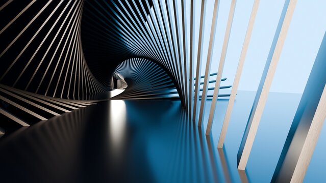 Abstract futuristic architectural tunnel with spiral metallic structures and glowing blue light reflections creating a dynamic futuristic spatial
