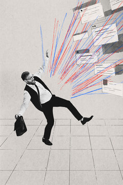 Middle-aged businessman stumbling in gray space, looking startled. Mixed media with photocopy effect and line art rays. Information overload and work pressure concept.