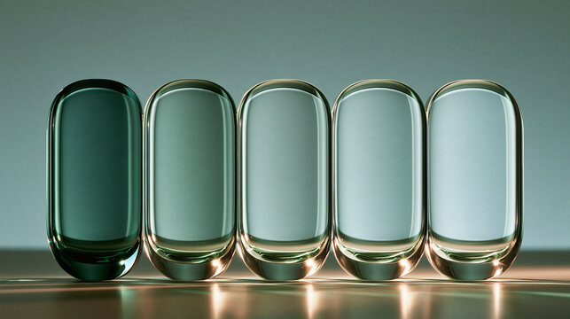 Five rounded green glass forms arranged in a row
