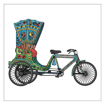 Colorful Rickshaw Art Vector Illustration - Traditional South Asian Hand Painted Cycle Rickshaw with Folk Floral and Bird Motifs